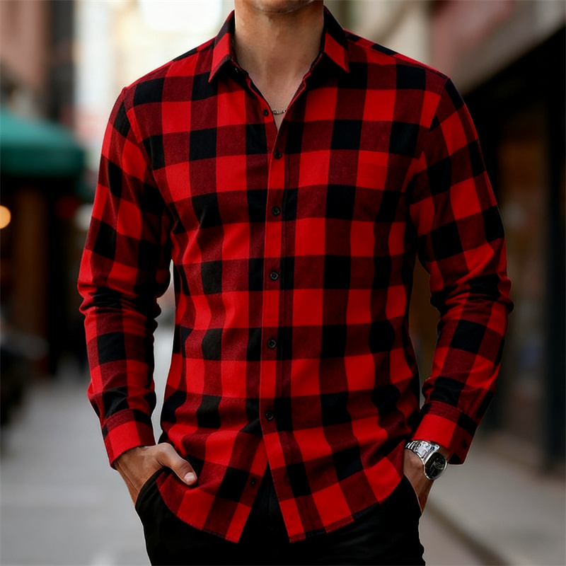 Flannel Shirt Lined - Kemeja Pria Lengan Panjang Kotak-kotak Merah