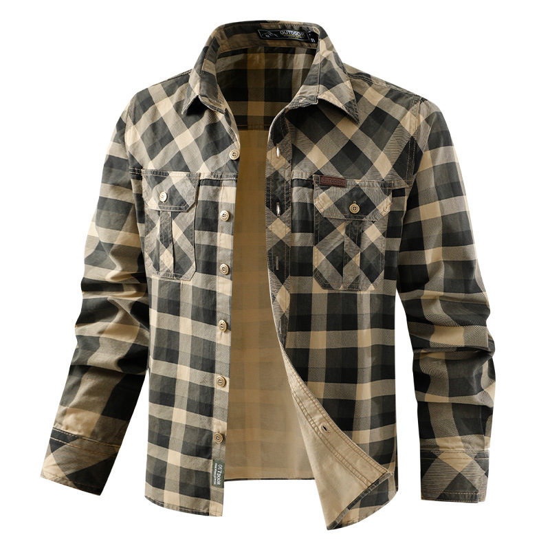 Flannel Shirt Lined - Kemeja Kerja Retro Pria Motif Kotak-Kotak